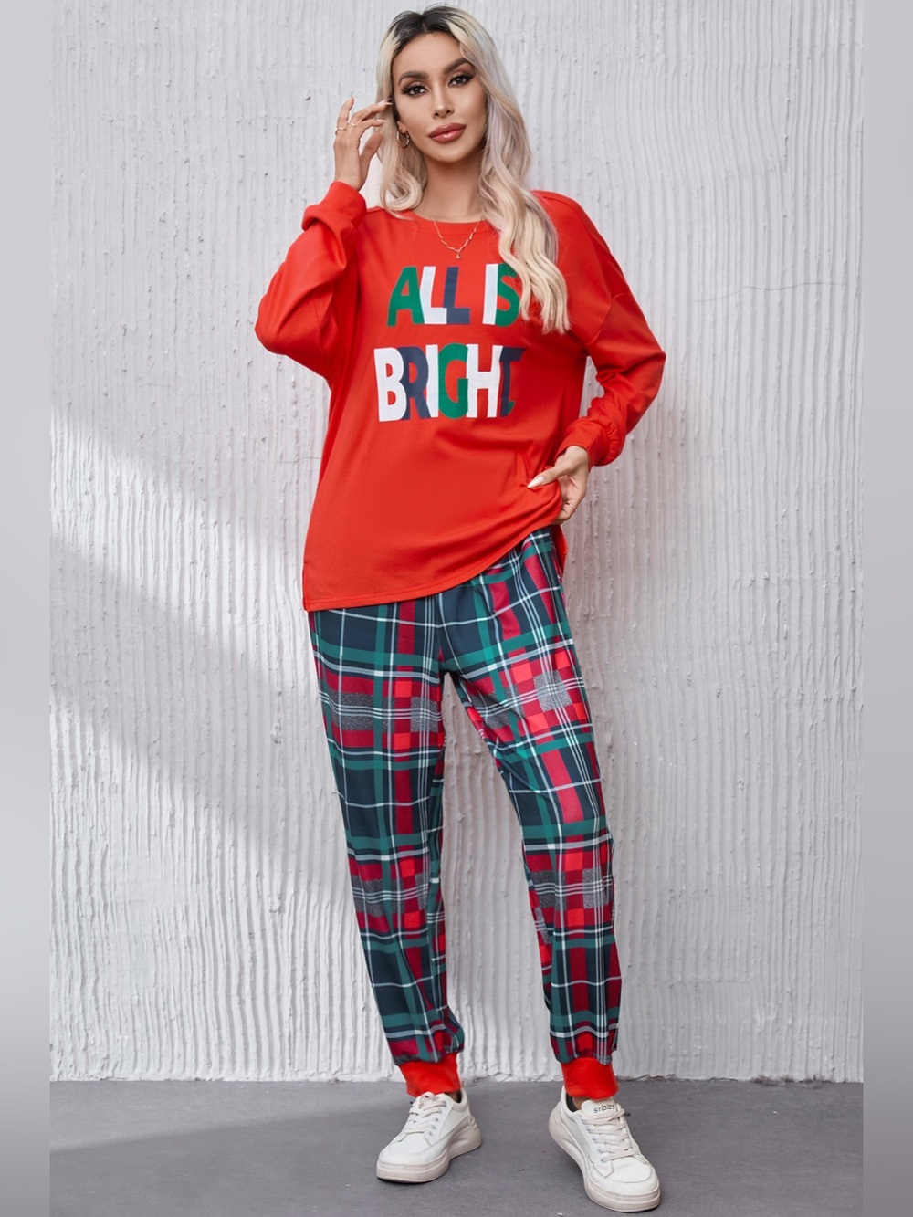 ALL IS BRIGHT Round Neck Top and Plaid Pants Lounge Set